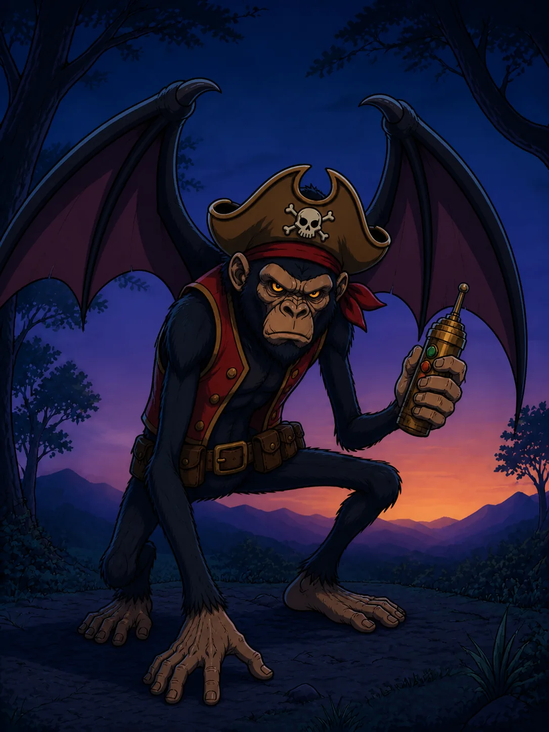 Captain Salamander, a hunched primate Rebob in a pirate hat and red vest with a gadget belt