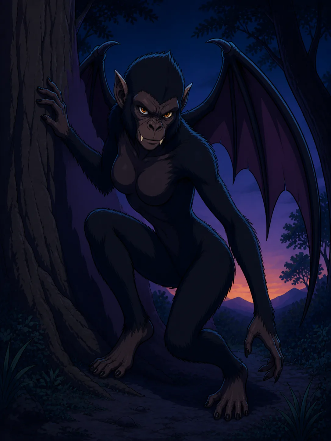 Janice, a thin feminine Rebob with bat wings, visible fangs, and a cunning expression