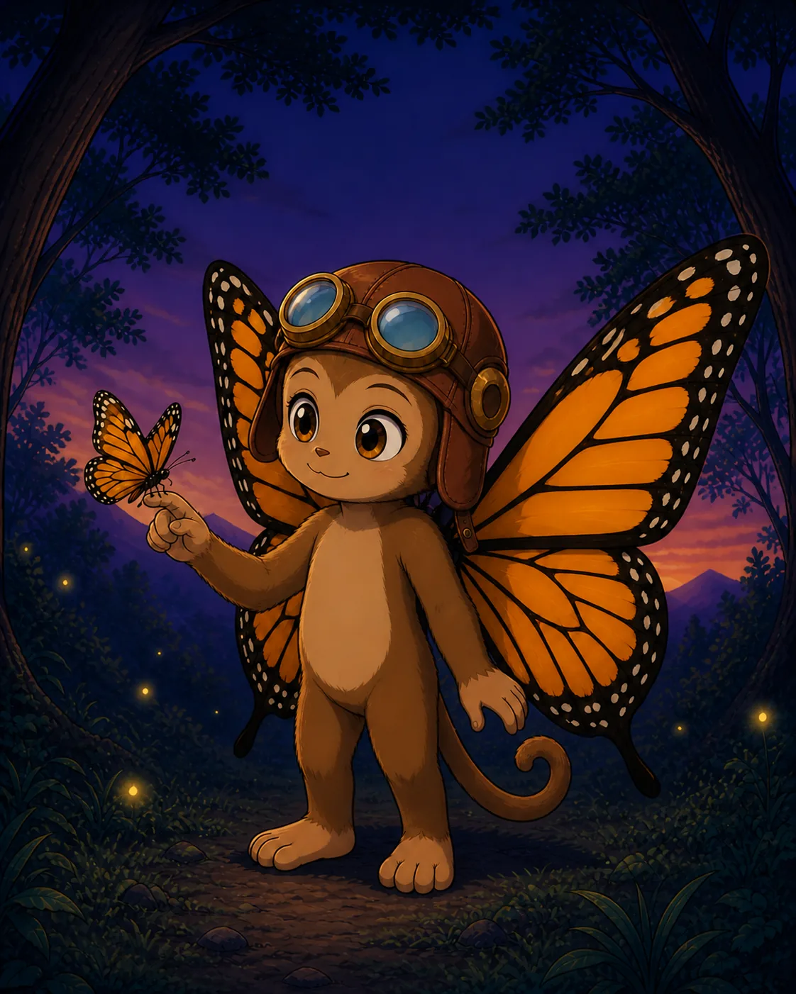 Marigold, a small young Rebob in an aviator cap with monarch wings and a butterfly on her finger