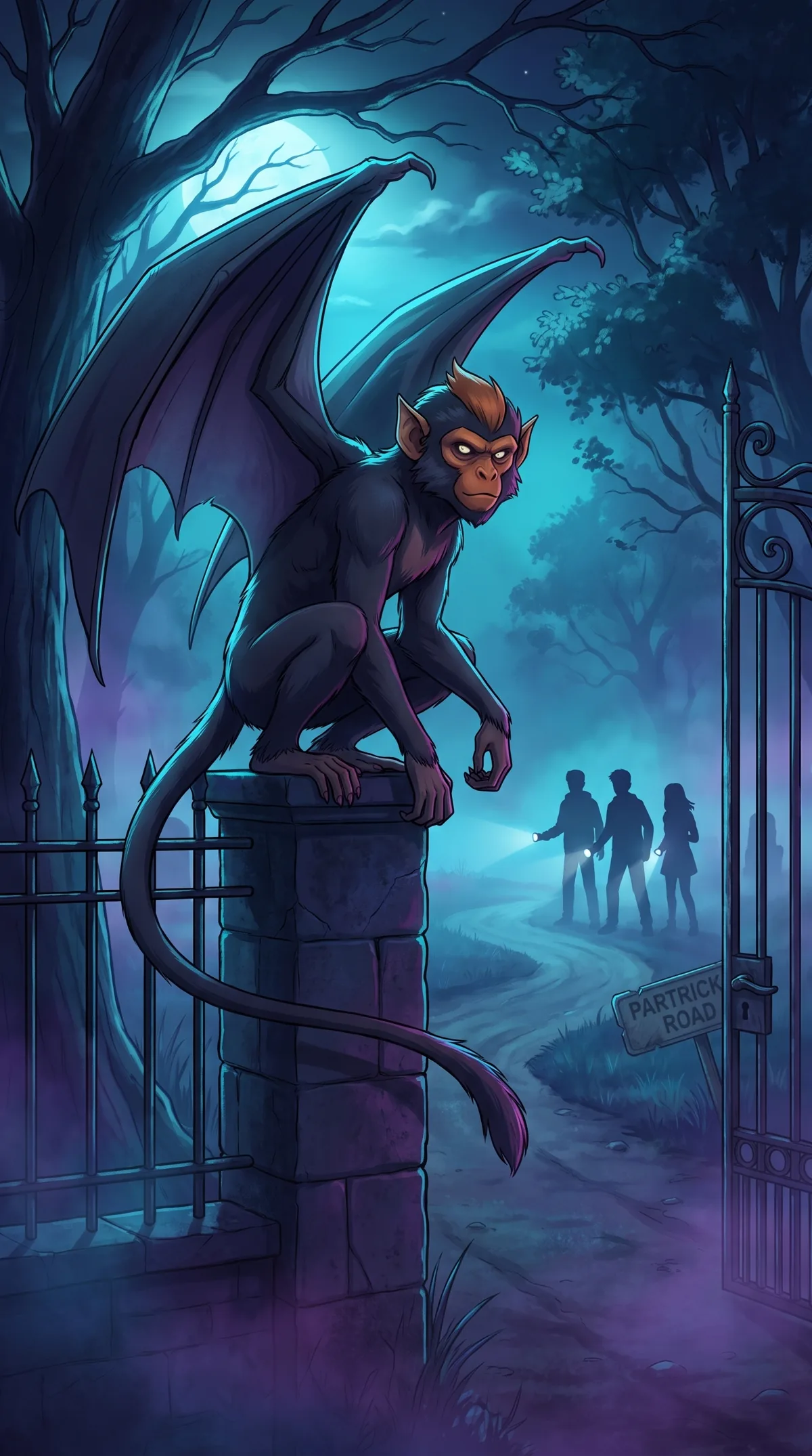 A Rebob waits above the Partrick Road cemetery gate while teenagers approach with flashlights