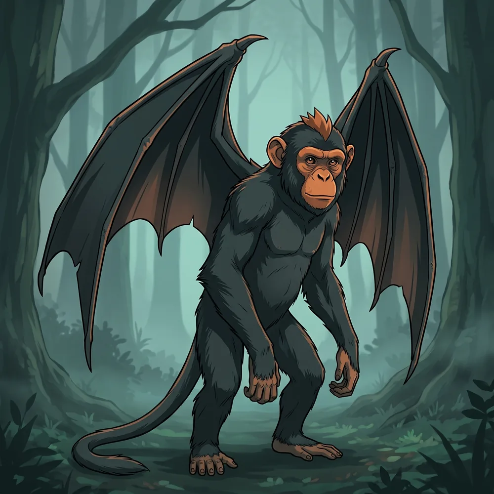 An illustrated Rebob with a primate body, long tail, and a single pair of bat wings