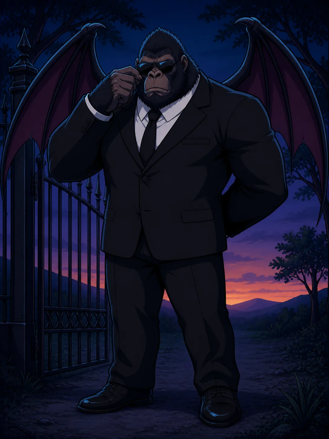 Roger, a very large Rebob in a suit and sunglasses guarding a cemetery gate