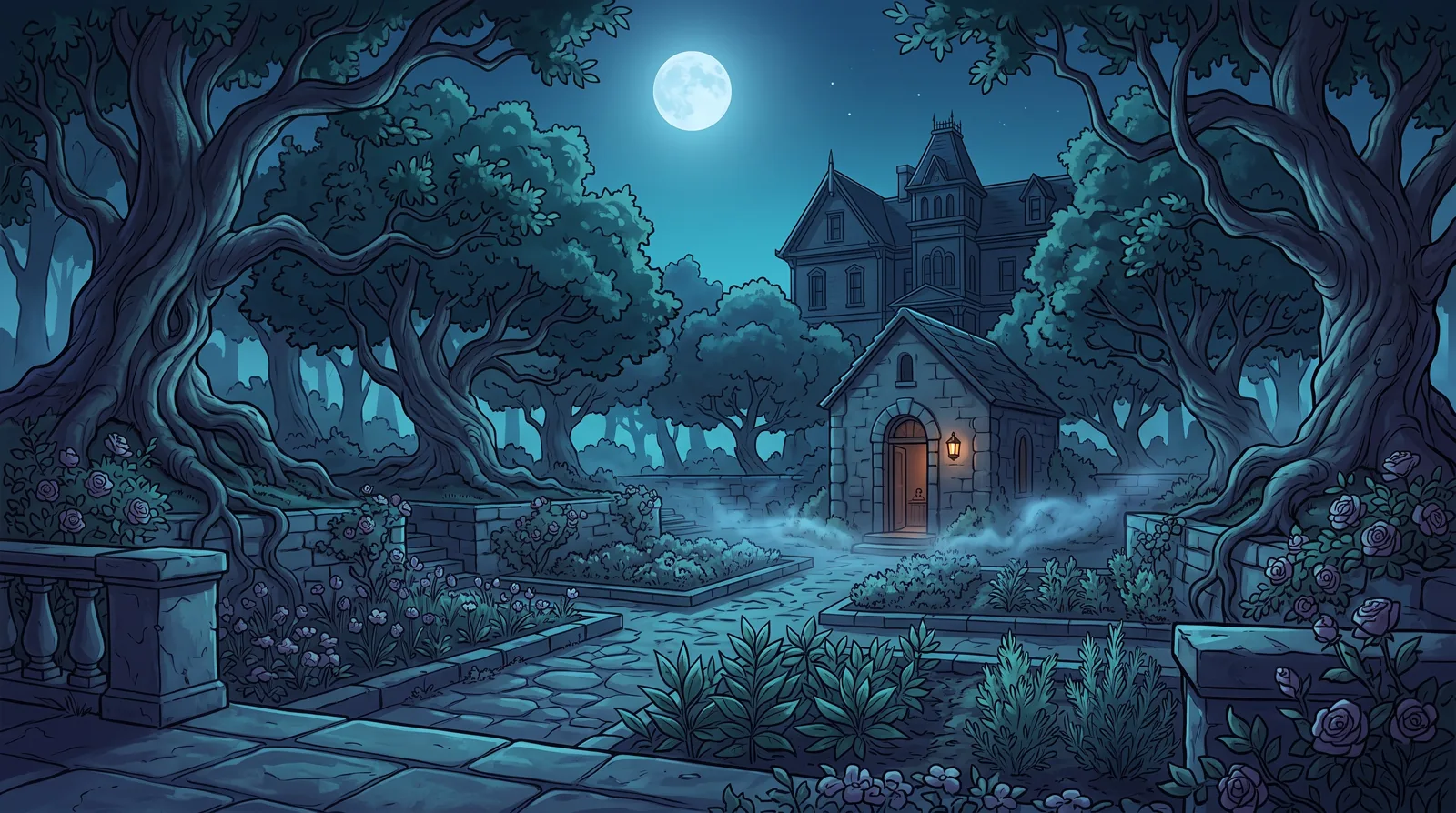 Moonlit illustrated grounds of the old Soda Springs resort surrounded by oak woodland